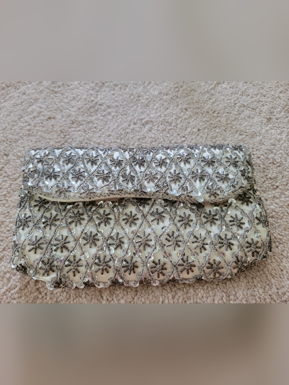 Elegant Silver Beaded Evening Clutch - Women's Bag